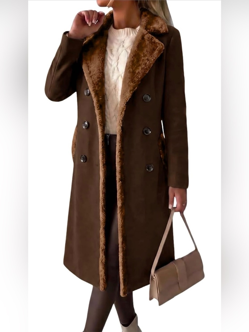 Brown Long Wool Blend Coat Faux Fur Collar Double Breasted Below Knee Peacoat